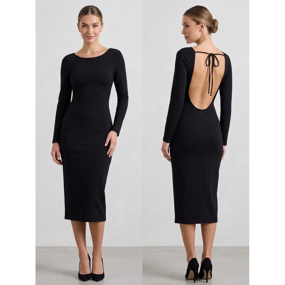 LPA Black Open Back Long Sleeve Midi Dress Tie Neck Sheath Small